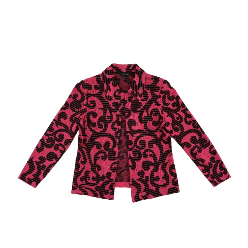 Ming Wang Knit Jacket Women's Size Small Fuchsia Pink‎ Black Scroll Print